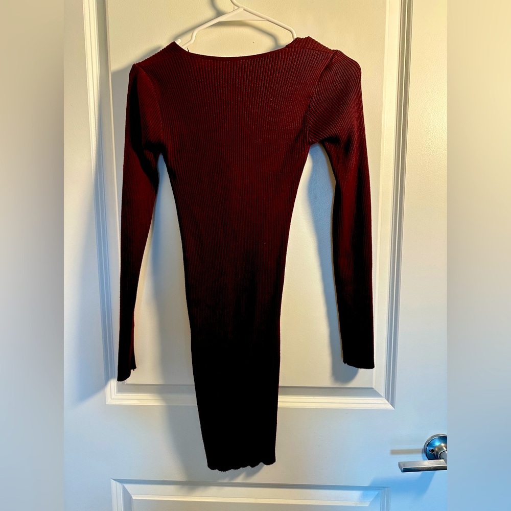 Windsor Burgundy Deep Maroon Red Twist Front Ribbed Knit Mini Dress - Picture 6 of 7
